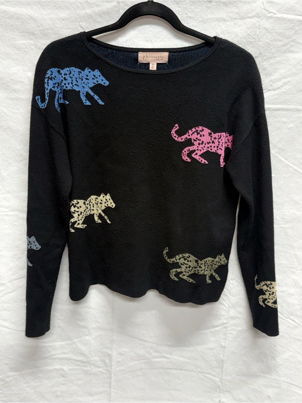 Philosophy Black Crewneck Sweater with Multicolor Leopard Motifs